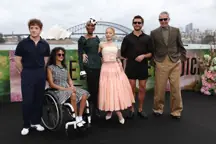 Ethan Slater, Marissa Bode, Cynthia Erivo, Ariana Grande, Jonathan Bailey and Jeff Goldblum pose for a photocall for the Australian premiere of Wicked.