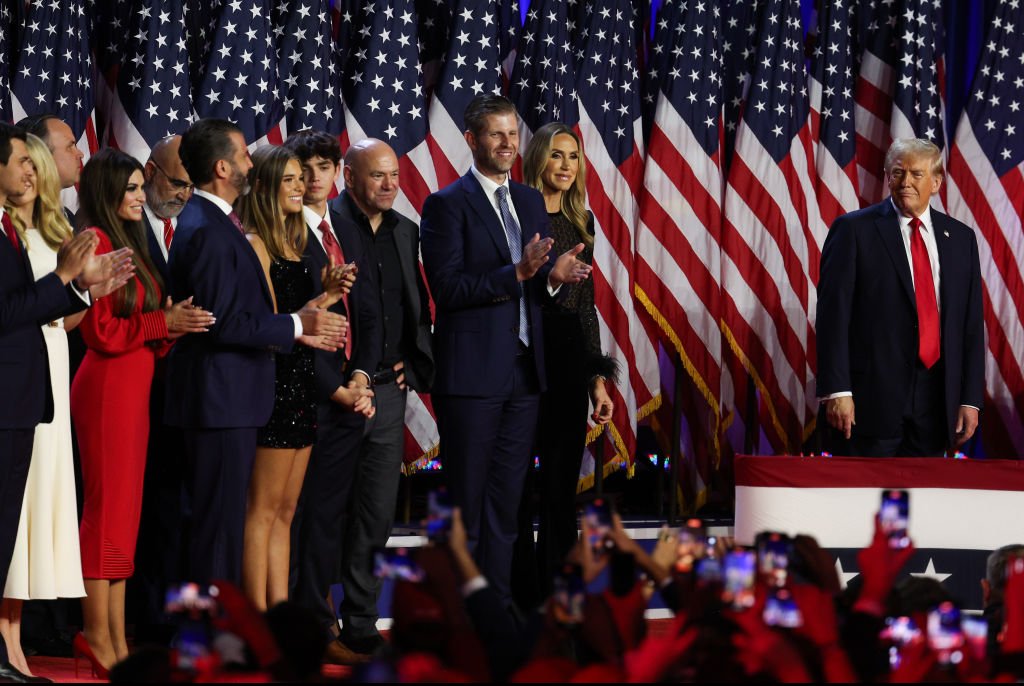 Trump surrounded by his campaign team and family. Credit: John Moore  / Getty