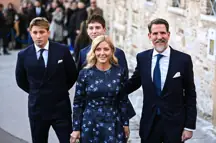 Pavlos, Crown Prince of Greece, Marie-Chantal, Crown Princess of Greece, and their sons, Prince Constantine Alexios and Prince Aristides Stavros, arrive at the Royal Wedding of Prince Nikolaos of Greece with Chrysi Vardinoyannis in St. Nicholas Ragavas, in Athens, Greece, on February 7, 2025. (Photo by Stefanos Kyriazis/NurPhoto via Getty Images)