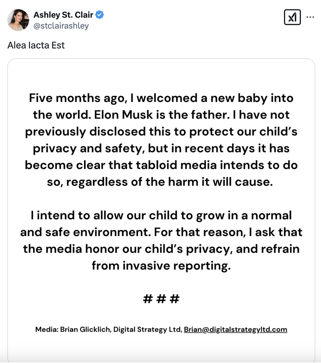 Elon Musk welcomed his thirteenth child five months ago, according to author Ashley St. Clair. Credit: X