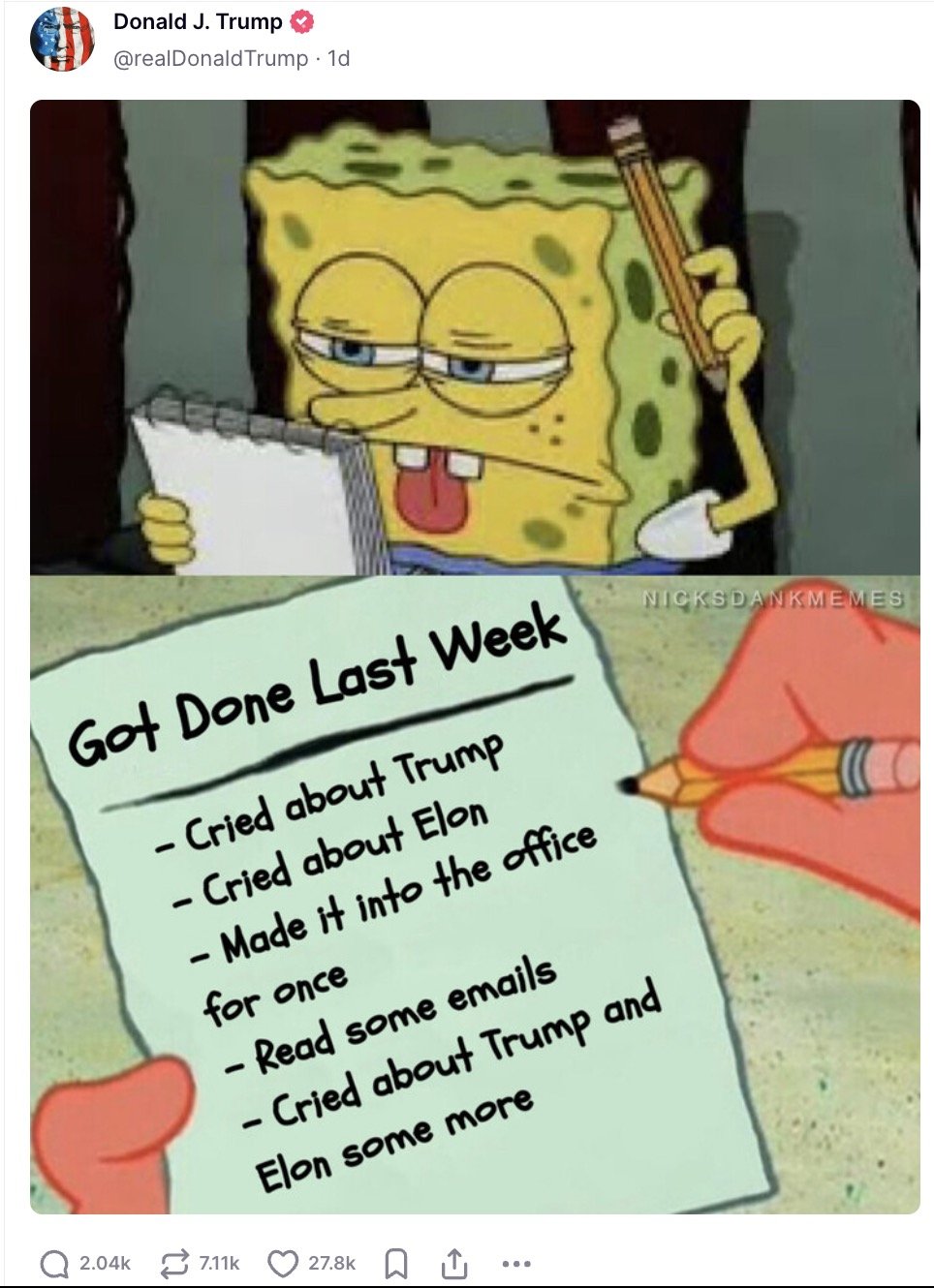President Trump shared this Spongebob meme. Credit: Truth Social