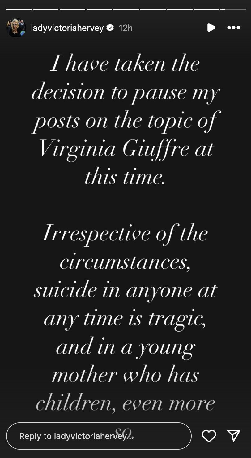 Hervey later stated she would be "pausing" her posts on Giuffre. Credit: Instagram/ladyvictoriahervey