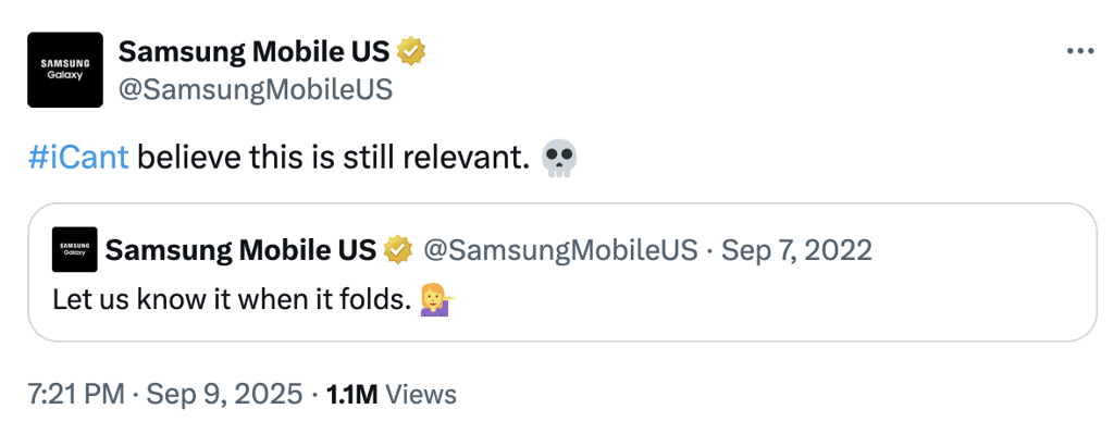 Samsung aimed a dig at Apple on X (formerly Twitter). Credit: X