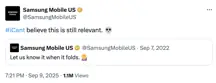 Samsung aimed a dig at Apple on X (formerly Twitter). Credit: X