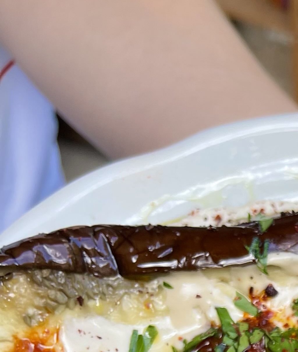 Roasted Aubergine with Tahini and No Cook Harissa Tomato Sauce